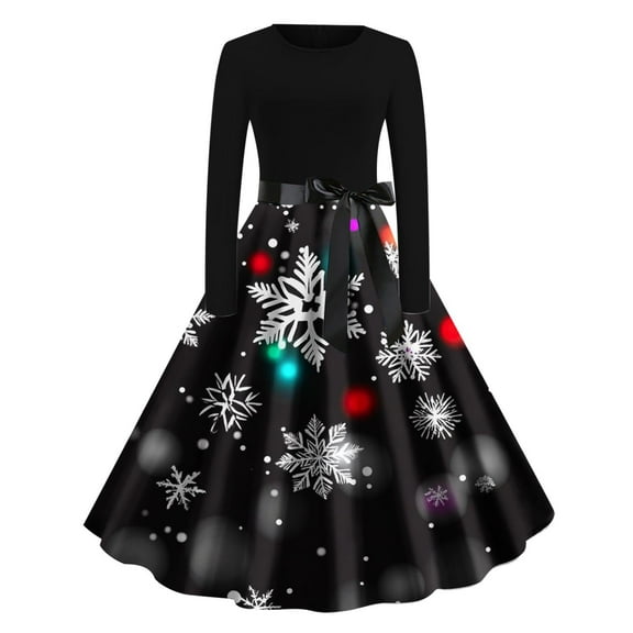 Lorytime Christmas Women a Line Dresses Snowflakes Crew Neck Elegant Dress Long Sleeve Party Dresses with Belt