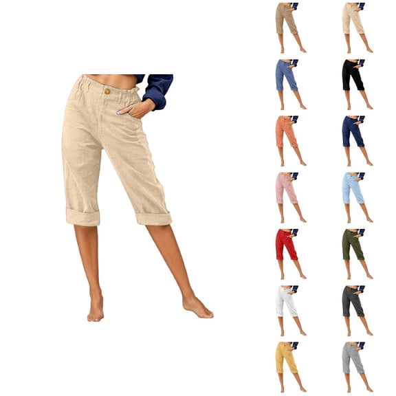 Capri Pants for Women 2025 Mid Waist Straight Leg Linen Casual Loose Capris with Pockets Womens Cropped Pants
