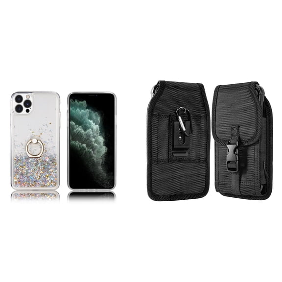 Waterfall Liquid Glitter Stand Case and Belt Holster Pouch for iPhone 14 Pro Max - Silver