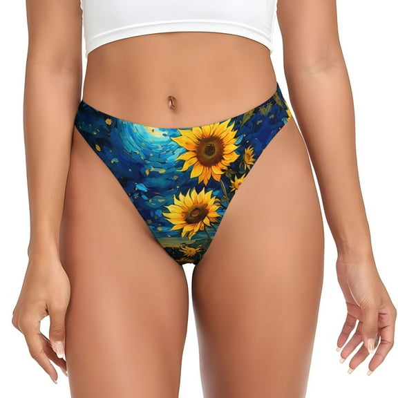 Thongs for Women - Vintage Starry Sky Sunflower No Show Seamless Womens Thongs Underwear, Breathable G String Thongs for Women, Ladies Stretch Low Rise Thong Bikini Panties Briefs