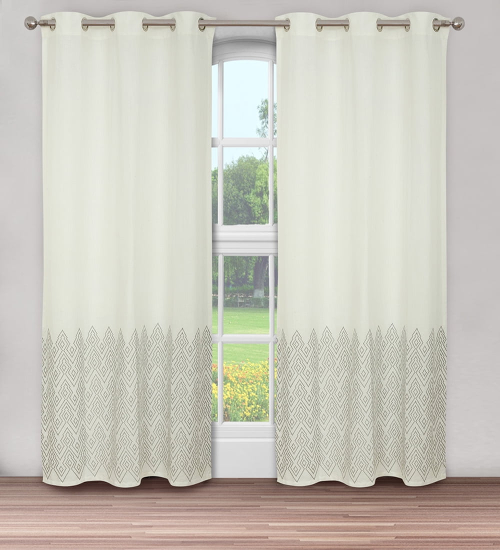 Nikki Chu Mali Embroidered Window Cotton/Polyester Grommet Curtain Pair, Gray, 95 in x 42 in