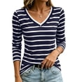 thumbnail image 5 of Lenpel Womens Striped Tops Comfy Soft V Neck 3/4 Sleeve Lounge Shirts Lightweight Casual Slim Fit Tunic Blouses, 5 of 6