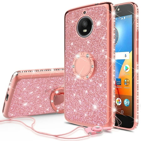 Glitter Cute Phone Case with Kickstand Compatible for Moto E4 Case,Moto E4 Phone case,Bling Diamond Rhinestone Bumper Ring Stand Sparkly Clear Thin Soft Girls Women Protective for Moto E4 (Rose (Best Case For Moto E4)