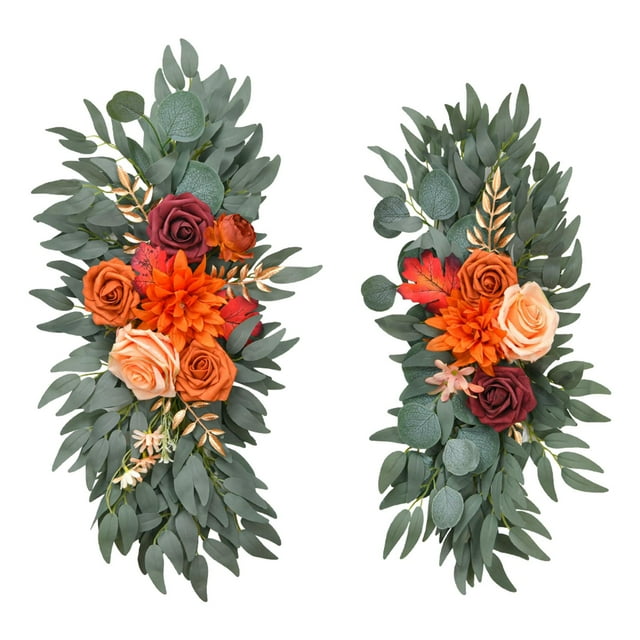 Tnarru 2 Pieces Wedding Arch Flowers Green Leaves Faux Flower Swag Handmade Rustic Welcome Sign Decoration for Wall Reception Window Orange