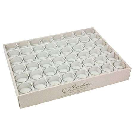 - Stonebriar 48 Pack Unscented Long Burning Clear Glass Wax Filled Votive Candles, CandlDecor for Parties, Weddings, Spas, Restaurants, or Everyday Home, White