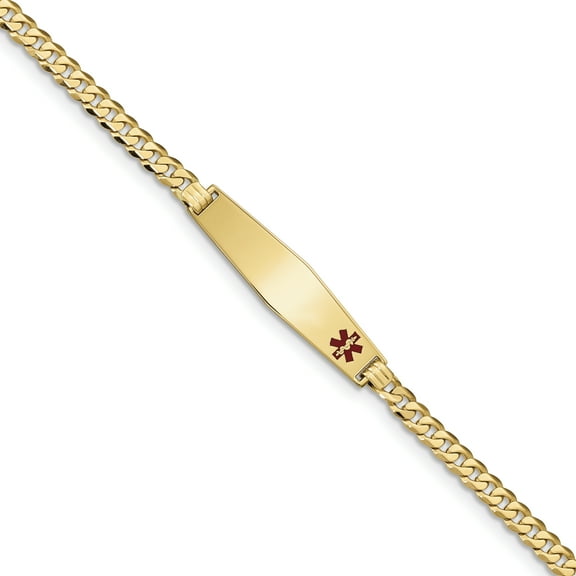 14K Yellow Gold Medical Soft Diamond Shape Red Enamel Flat Curb Link ID Bracelet