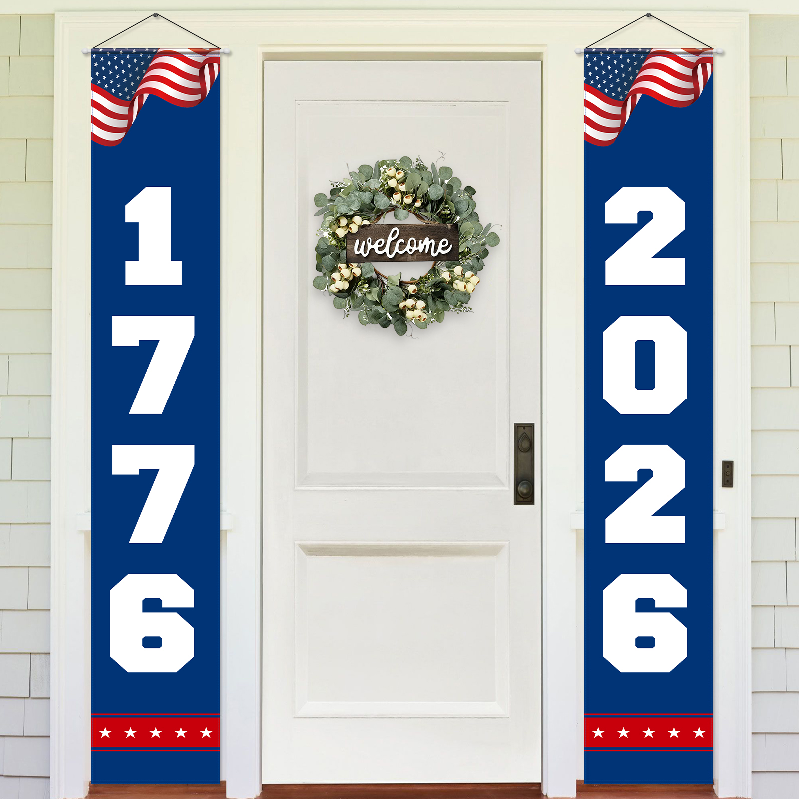 250th Anniversary Decorations 250 years Outdoor Patriotic Memorial Day Decor, Independence Day Hanging American Flag and Banner Wreath