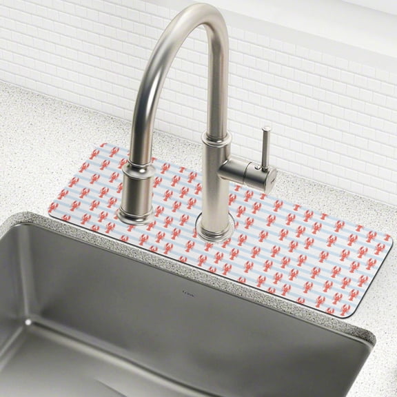 Yayeee Faucet Mat for Kitchen Sink 14.7" Diatomite Long Splash Guard Pad, Blue Stripes Lobster Pattern