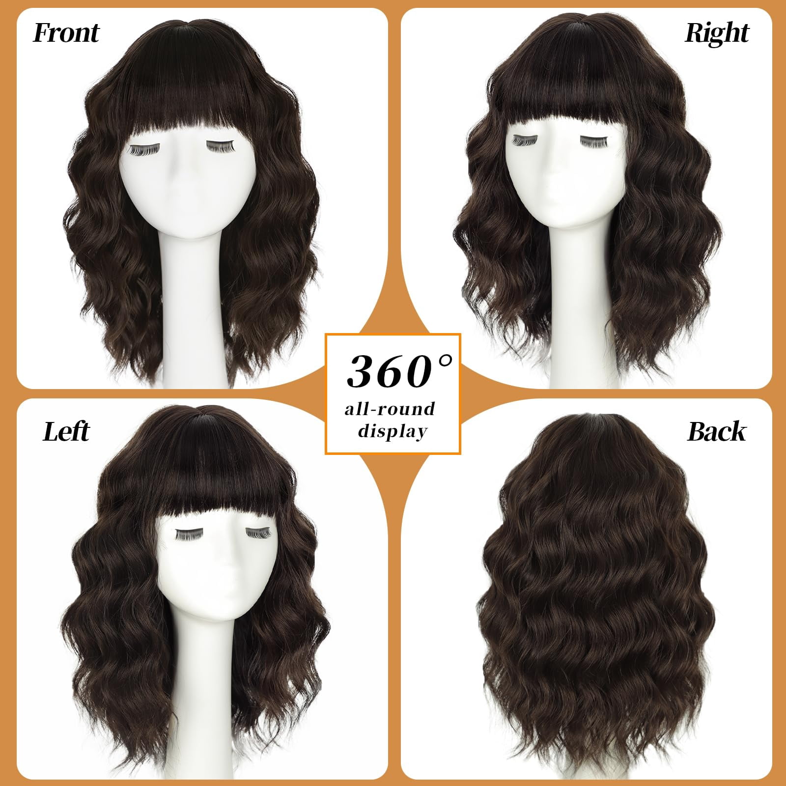 Wig with Bangs Short Bob Wigs for Women Shoulder Length Wavy Curly Wigs Synthetic Fiber Wigs 14 Inches for Daily Party Use