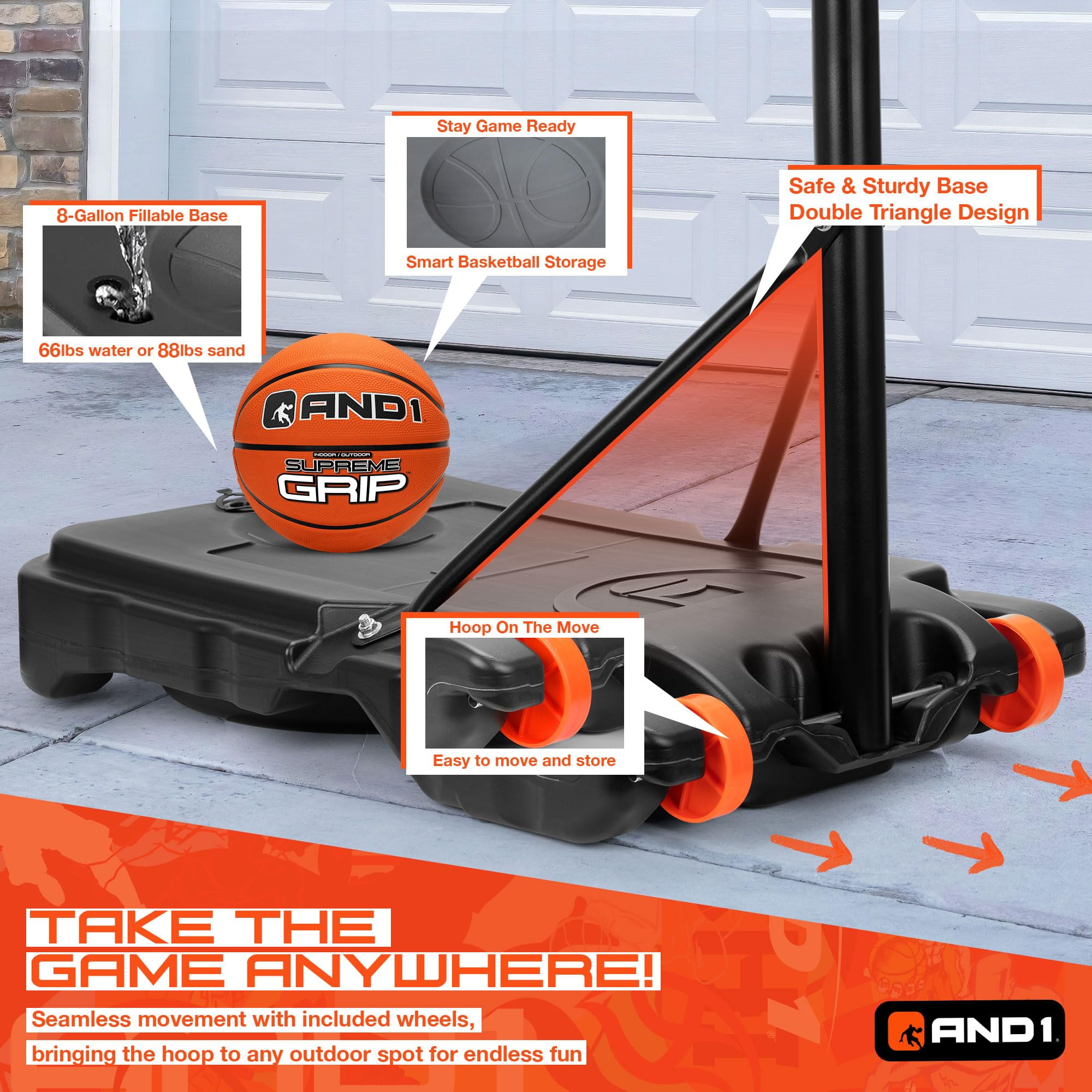 AND1 32" Youth Basketball Hoop & Basketball Bundle - Adjustable Portable Outdoor Hoop, 5-7 ft Adjustable Height