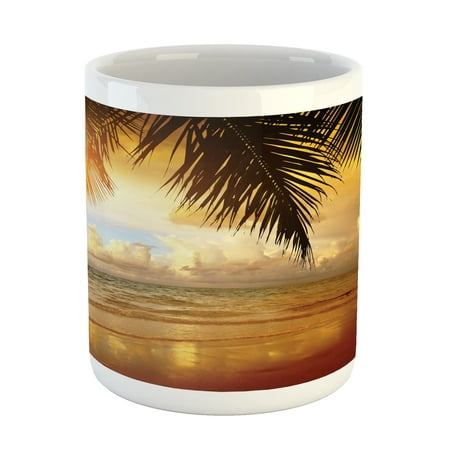 

Ocean Mug Sunset on the Beach of Caribbean Sea Waves Coast with Palm Tree Ceramic Coffee Mug Cup for Water Tea Drinks Orange Blue 11oz