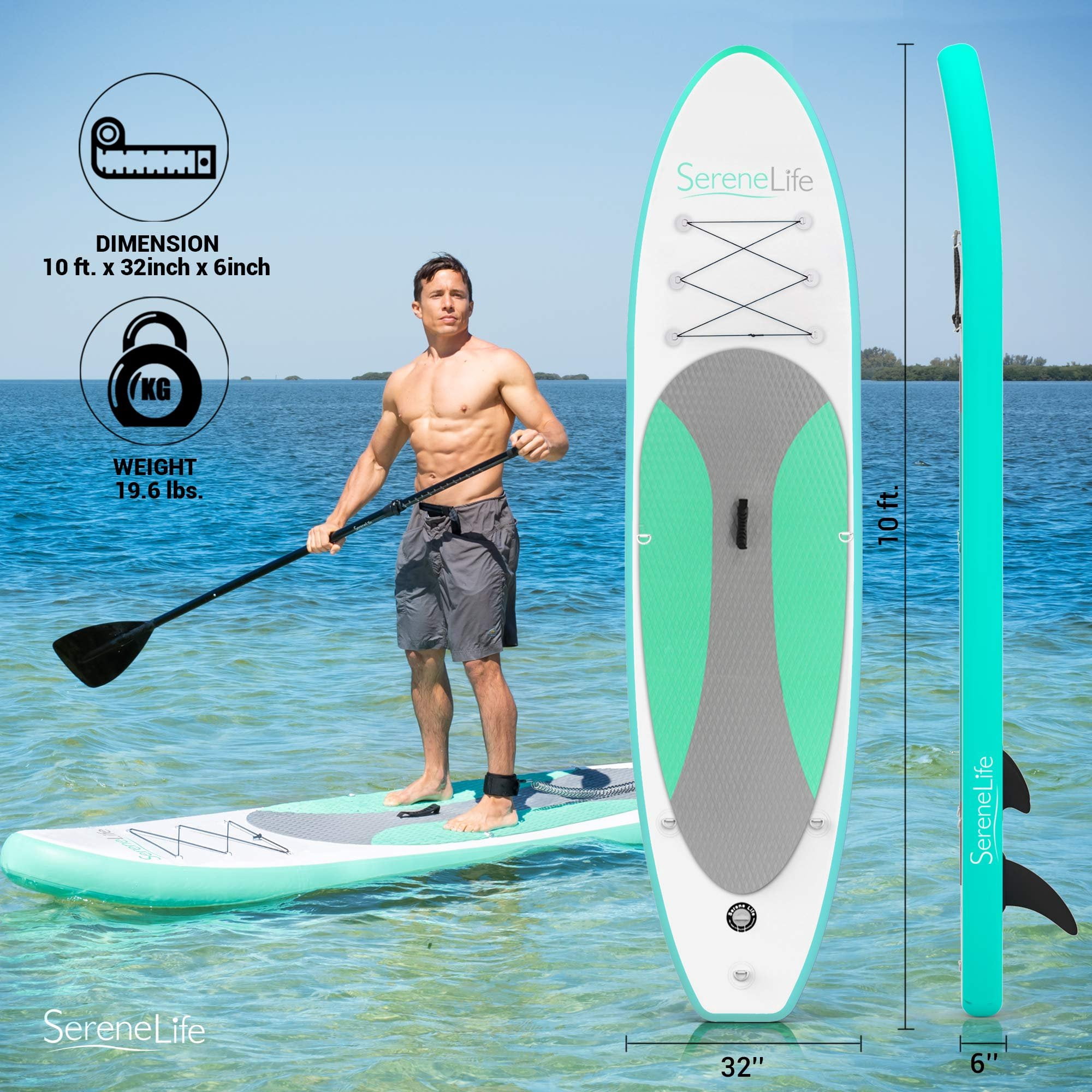 SereneLife 11 Inflatable Stand Up Paddle Board with Detachable Seat  SUP Paddleboard Set, Rolls Up for Easy Storage and Transport, Non-Slip EVA Deck Pad, 32" Wide Design, 275 lbs. Capacity