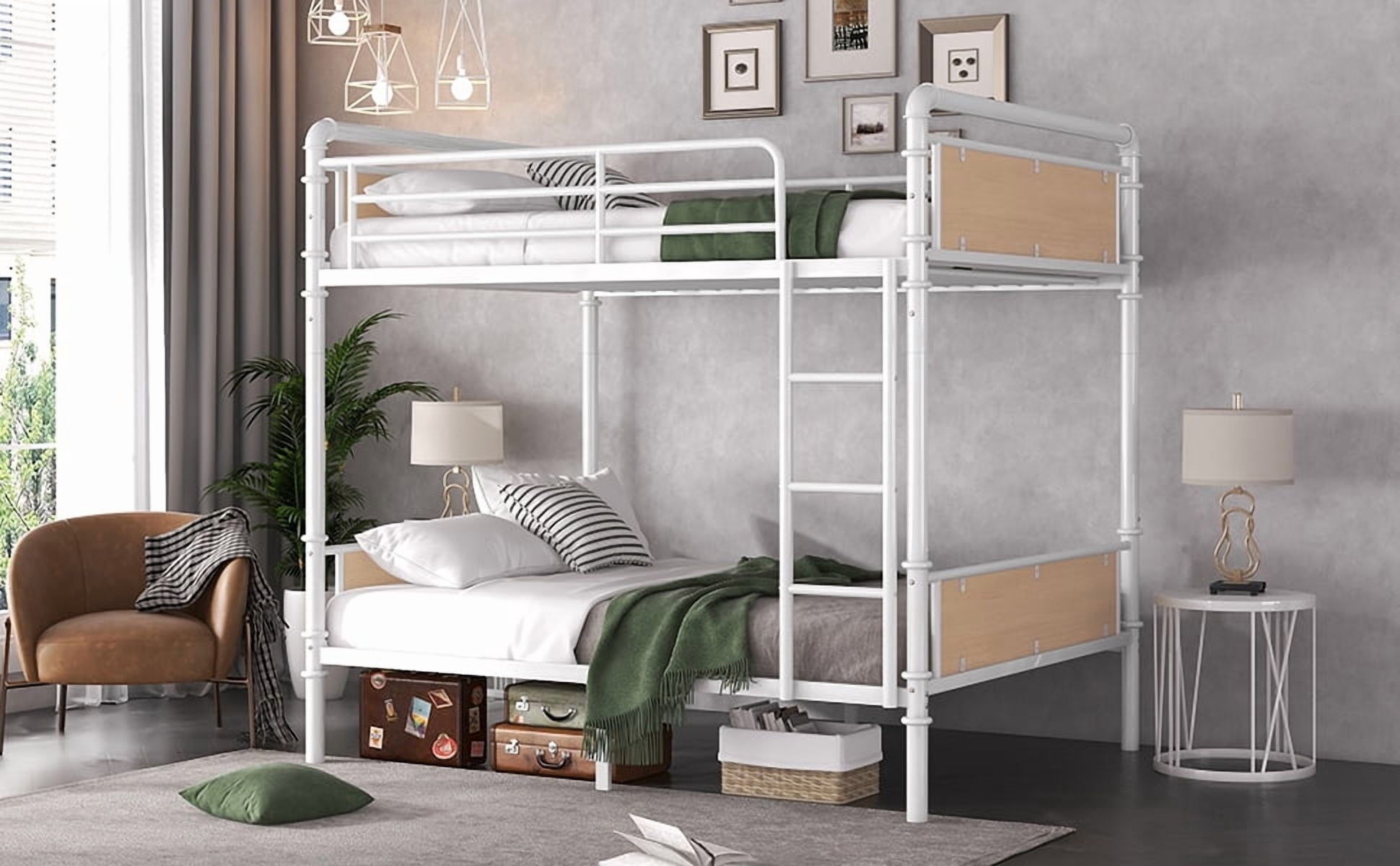 HOQBN Bunk Bed Twin XL over Twin XL,Industrial Metal Bunk Bed Frame with Safety Guardrails,White