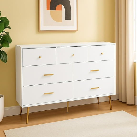 Jopath 7-Drawer Dresser for Bedroom,Large Chest of Drawer Cabinet with Golden Handle & Golden Legs for Living Room,White