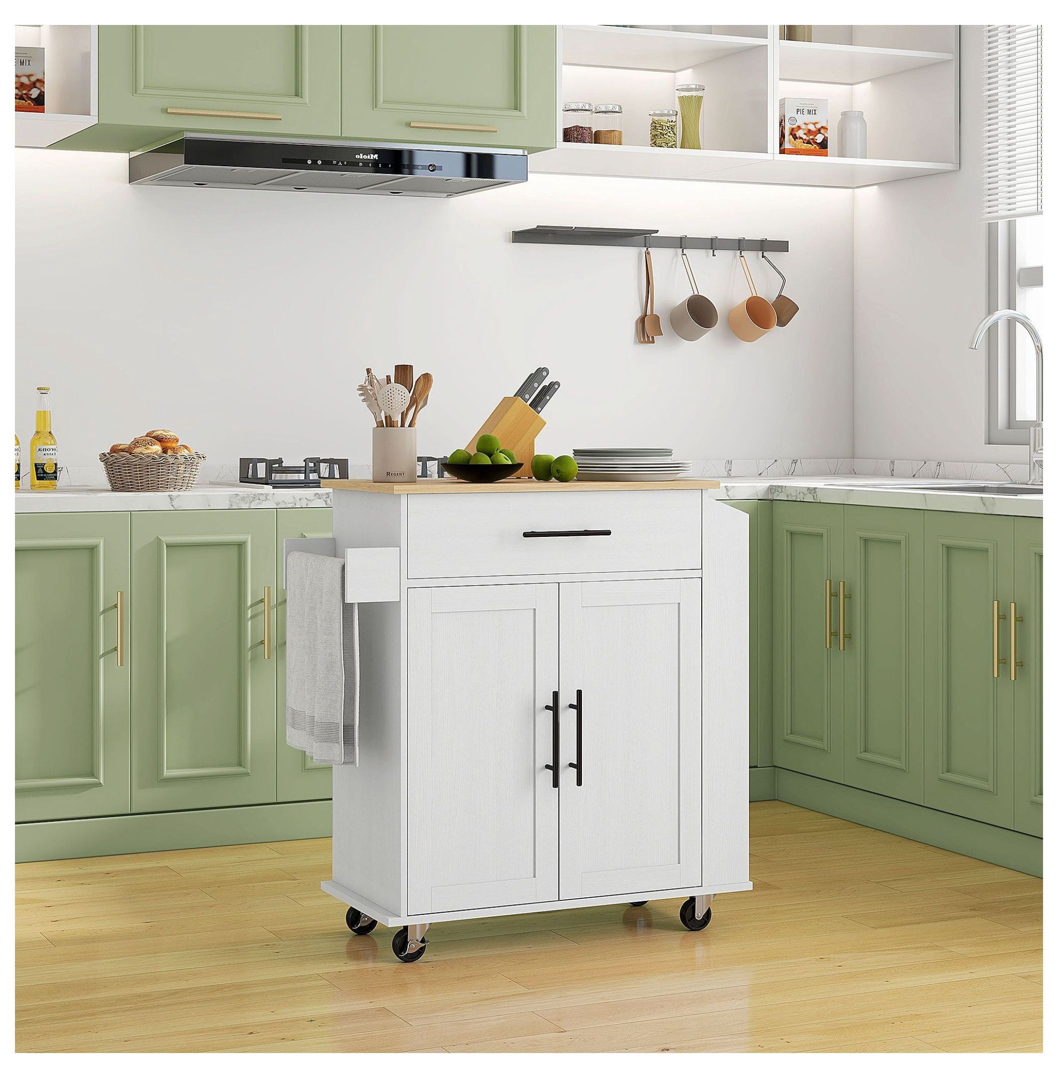 Rollable Kitchen Island with Power Outlets, Drawer, Doors & Versatile Storage on Wheels, White