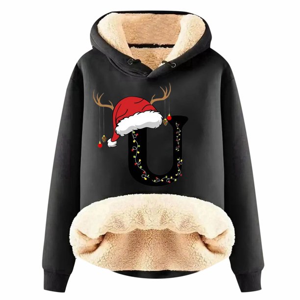 WILLBEST Sudadera de Mujer con Estampado de Letras Navideñas, Sudadera con Capucha de Lana Gruesa, Cálida para Invierno, Estilo Pullover X-Grande