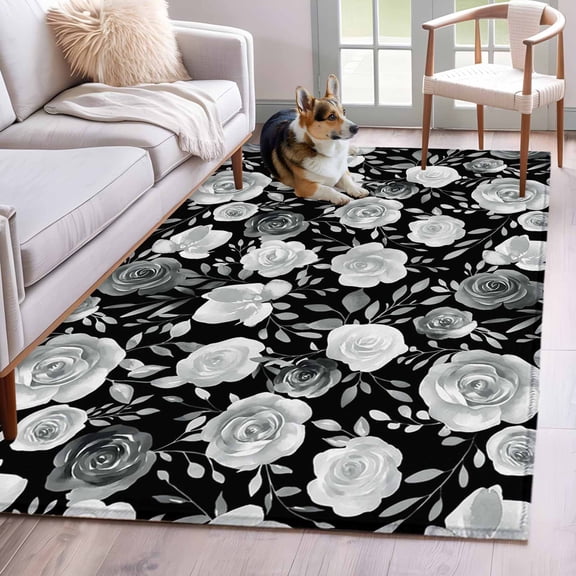 Area Rug for Living Room, Black Flowers Non-Slip Indoor Large Carpet for Bedroom/Dining Room, Watercolor Vintage Floral Leaves Country Low-Profile Rectangle Floor Mat Runner Rugs - 2.7 x 5 Ft