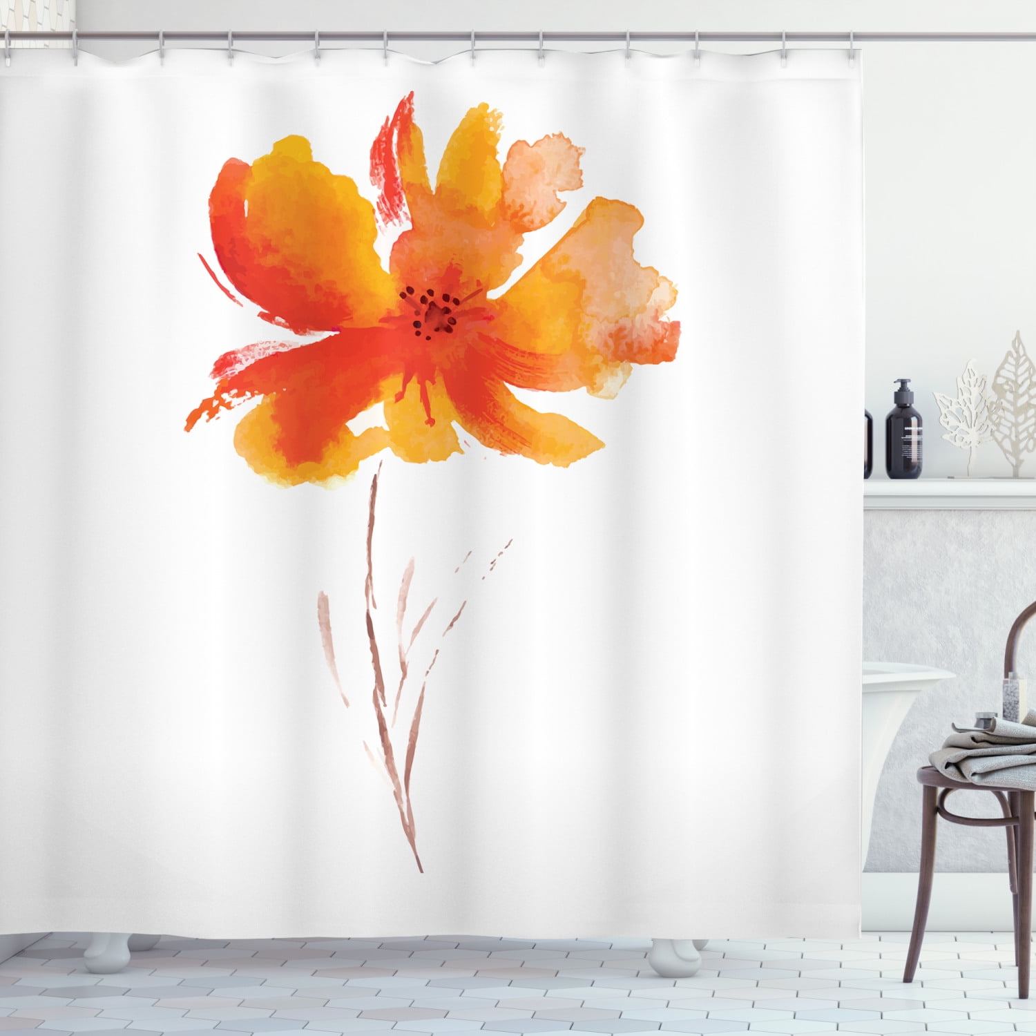 Single Poppy Flower on Plain Clear Background Nature Inspired RomanticCloth Fabric Bathroom Decor Set with Hooks 75 Inches White Orange ABAKUHAUS Watercolor Flower Shower Curtain 