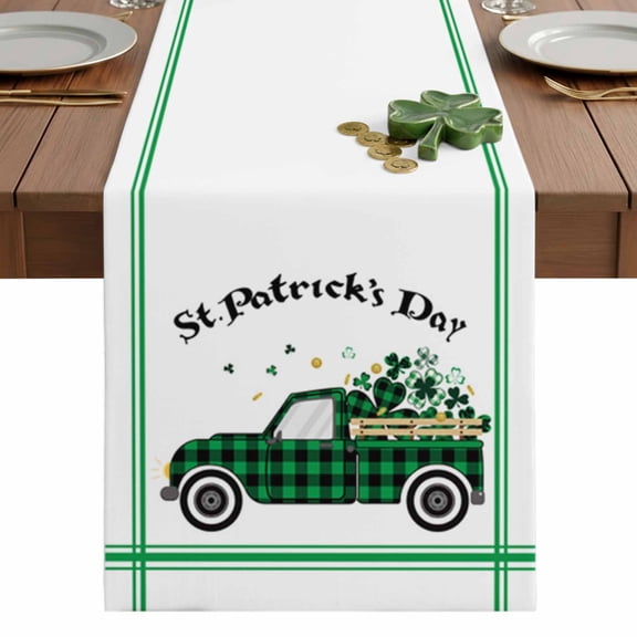 St.Patrick's Day Table Runner 13 x 48 Inch, Plaid Truck Pull Clover Washable Cotton Linen Dining Table Runner Tabletop Decorations for Restaurant Home Kitchen Party