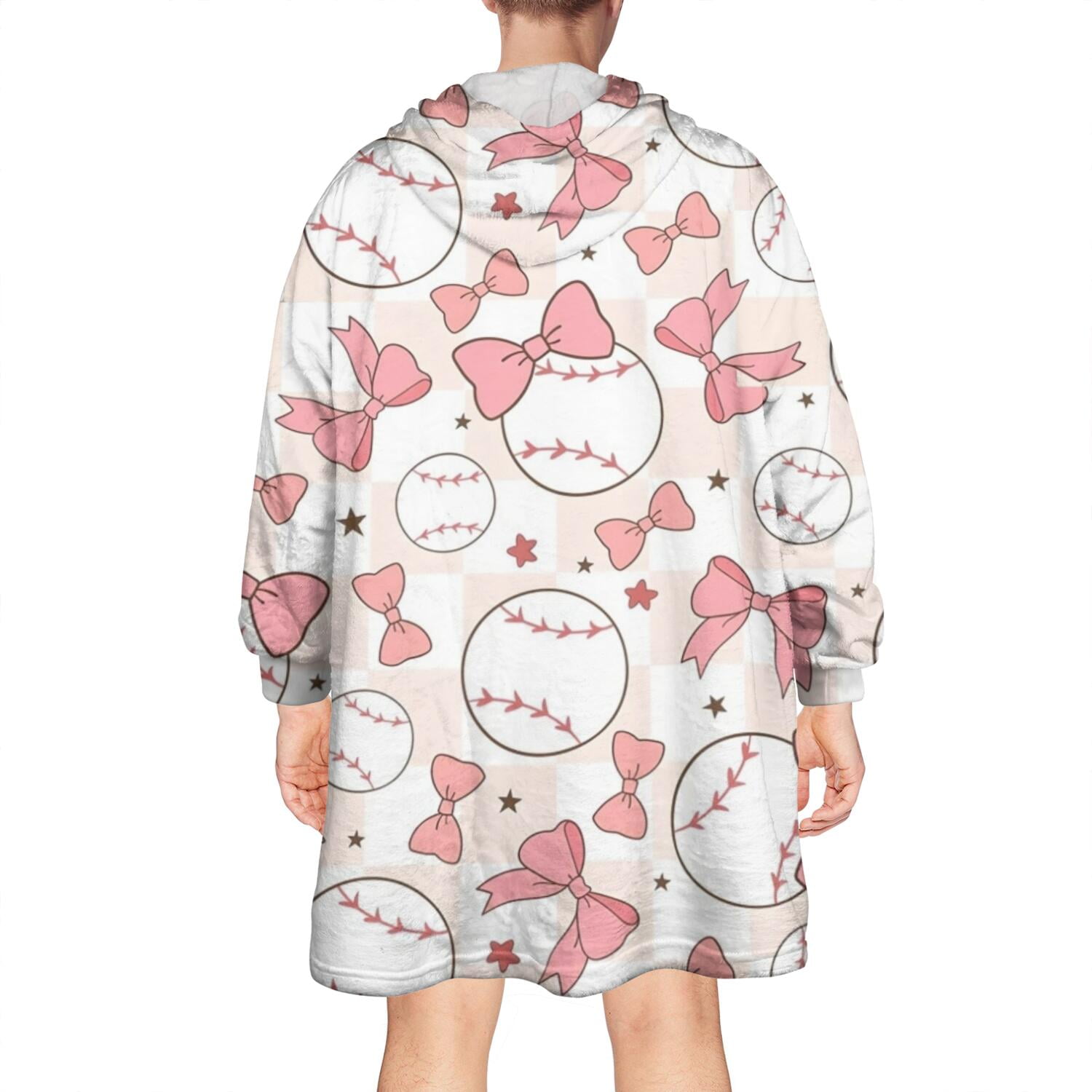 Pink Baseballs with Bows Pattern Wearable Oversized Blanket,Wearable Blanket Hoodie for Adults,Cozy Hooded Blankets with Super Pockets,Super Warm Fuzzy Pullover for Women & Men