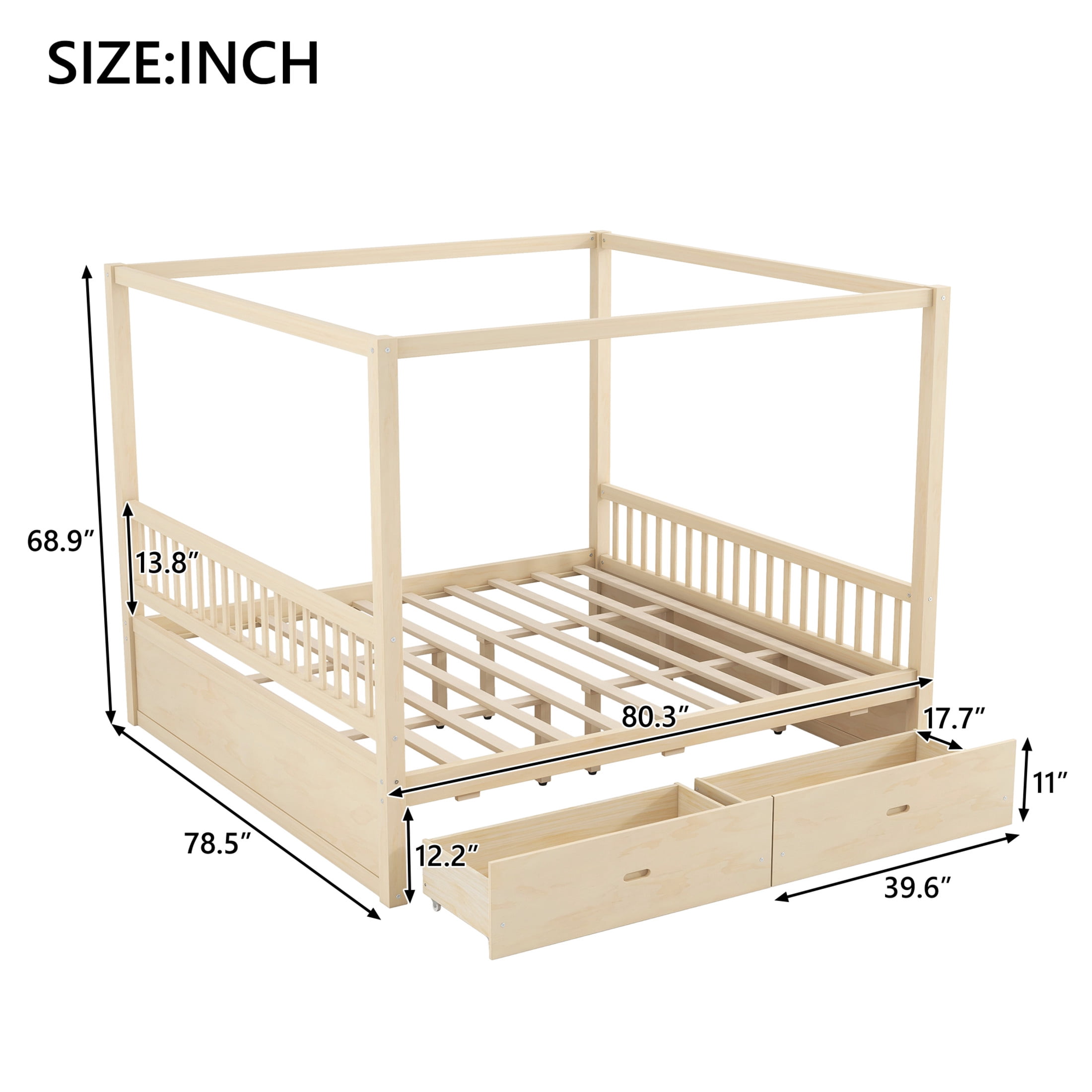 Noble House Stefan King Size Wooden Canopy Bed Frame with Storage Drawers, Farmhouse Decor Style, Natural