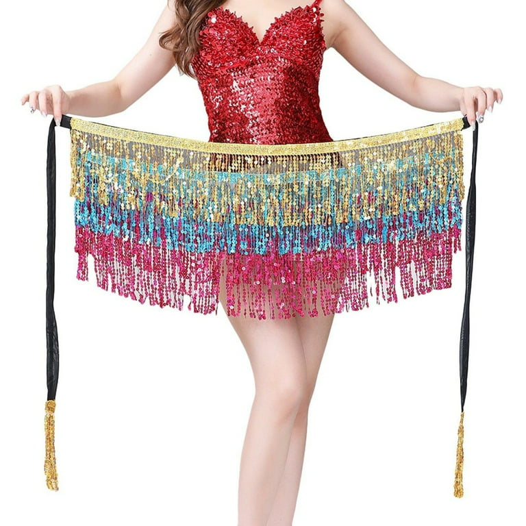 WULIQIUQIU Women's Belly Dance Hip Scarf Sequined Fringe Dance Skirt Rave  Music Festival Costumes for Girls