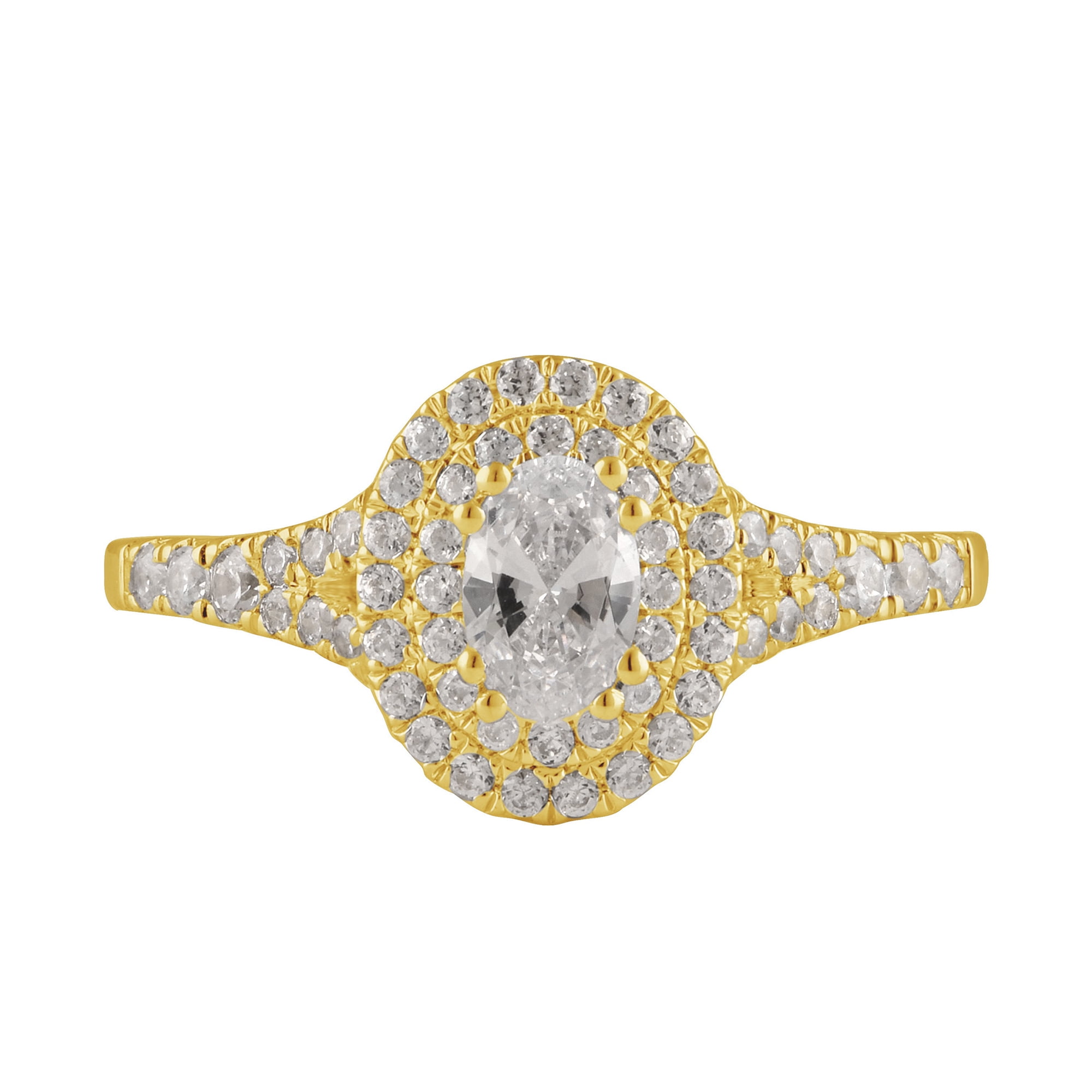 Arista 1 ct Oval Swarovski Diamonds Double Halo Engagement Ring in Yellow Plated Sterling Silver