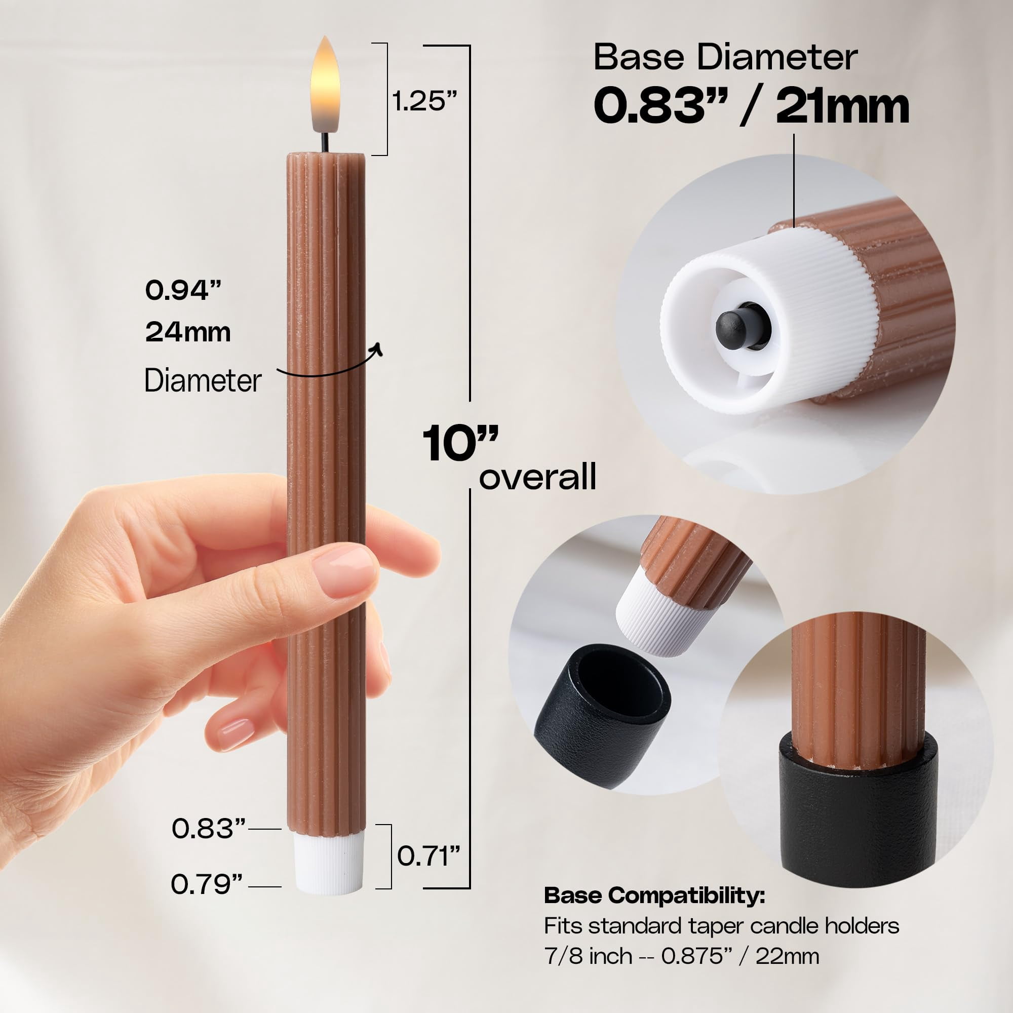 WYZworks 10" Fluted Ribbed LED Brown Tan Grooved Pillar Candles, Remote & 24h Timer Memory, On/Off Switch - Flameless Dimmable Battery Operated w/Flicker Mode, Home Wedding Decor (6 Pack)