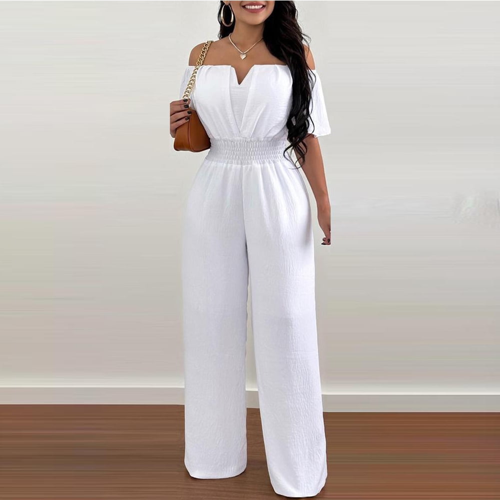 FJUCHAI Women's Casual Jumpsuits Loose Overalls Short Sleeve One Piece Wide Leg Long Pant Rompers With Pockets S-XL