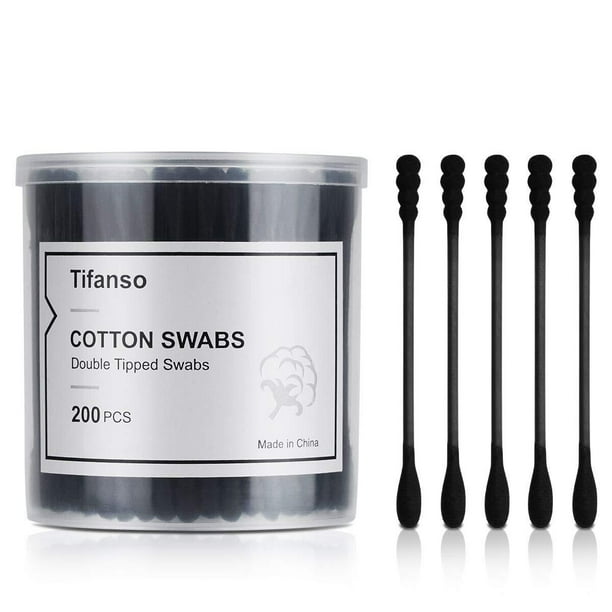 Tifanso 200 Count Black Cotton Swabs, Natural Black Double Tipped