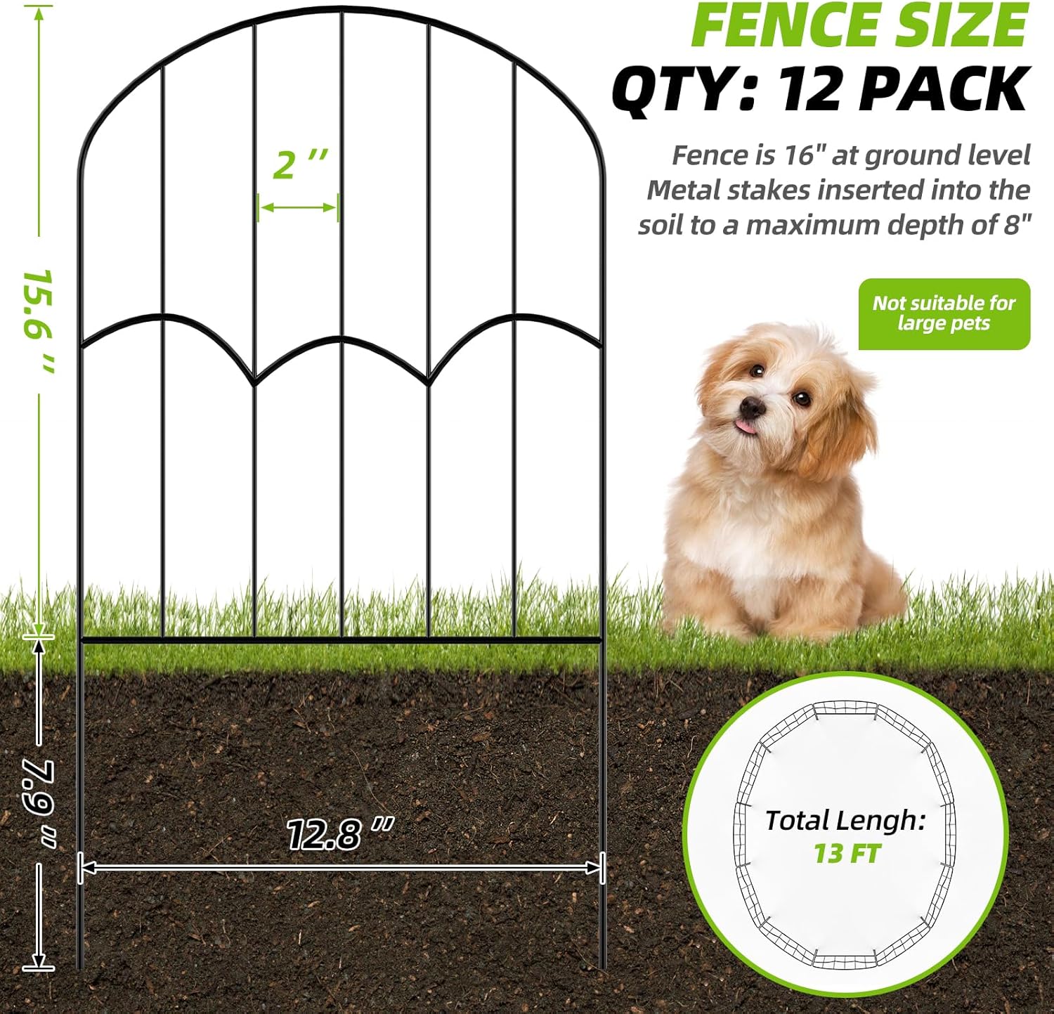 Decorative Garden Fence Dog Barrier 12Pcs 13ft Black Metal Wire for Yard Landscaping