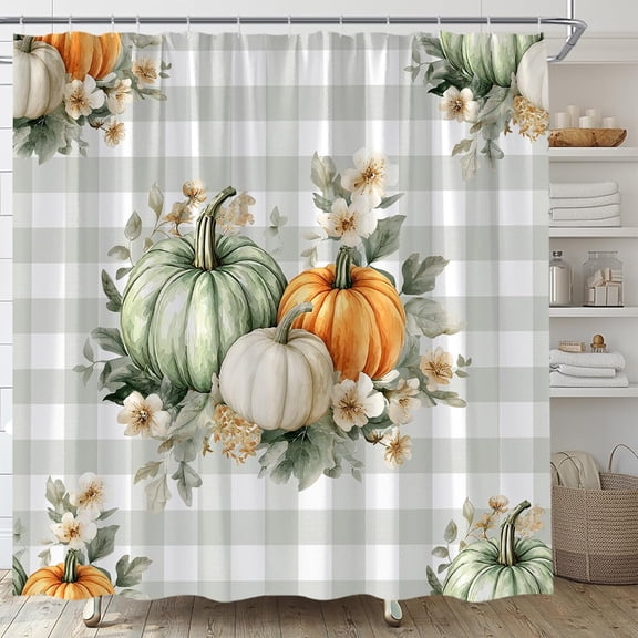Fall Pumpkin Shower Curtain, Autumn Harvest Sage Green White Buffalo Check Waterproof Bathroom Curtain with Hooks, Farmhouse Thanksgiving Decor 36"W x 72"H