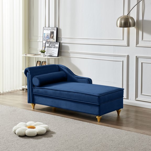 Velvet Chaise Lounge Indoor with Backrest and Rolled Armrest, Modern Upholstered Sofa Chair with Metal Legs, Storage Chaise Lounge with 1 Pillow for Living Room, Bedroom, Office, Navy Blue