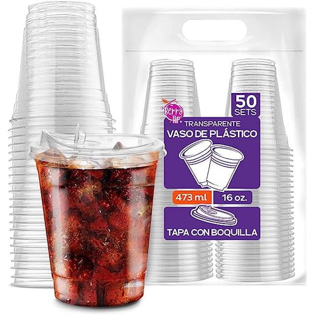 Berry Hip 50 Vasos de Plastico de 16 oz (473 ml) con Tapa con Boquilla Transparentes, Desechables, Vasos Perfectos para Llevar Café, Chocolate, Bebidas Frias, Batidos Best Trading VTB16-1