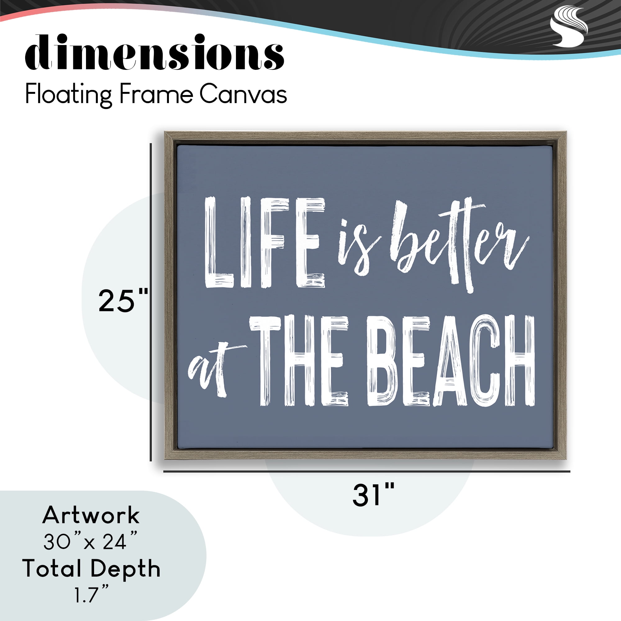 Life Better At Beach Blue Brown Framed Floater Canvas Wall Art, design by Lettered and Lined