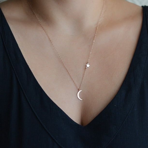 Cadena De Collar Fino Con Colgante De Estrella Y Media Luna Elegante Chapado En Moda
