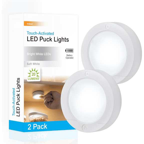 Wireless LED Tap-Lights, Battery Operated, 20 Lumens, Touch-Activated Puck Lights, Stick-On for Under Cabinet, Kitchen, Closet, or Garage, 2-Pack 25434