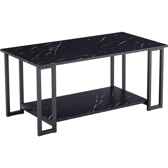 Pouseayar 2-Tier Coffee Table with Storage Shelf for Small Apartment Living Room, Rectangle Wood and Stable Metal TV Stand Side End Table, Black