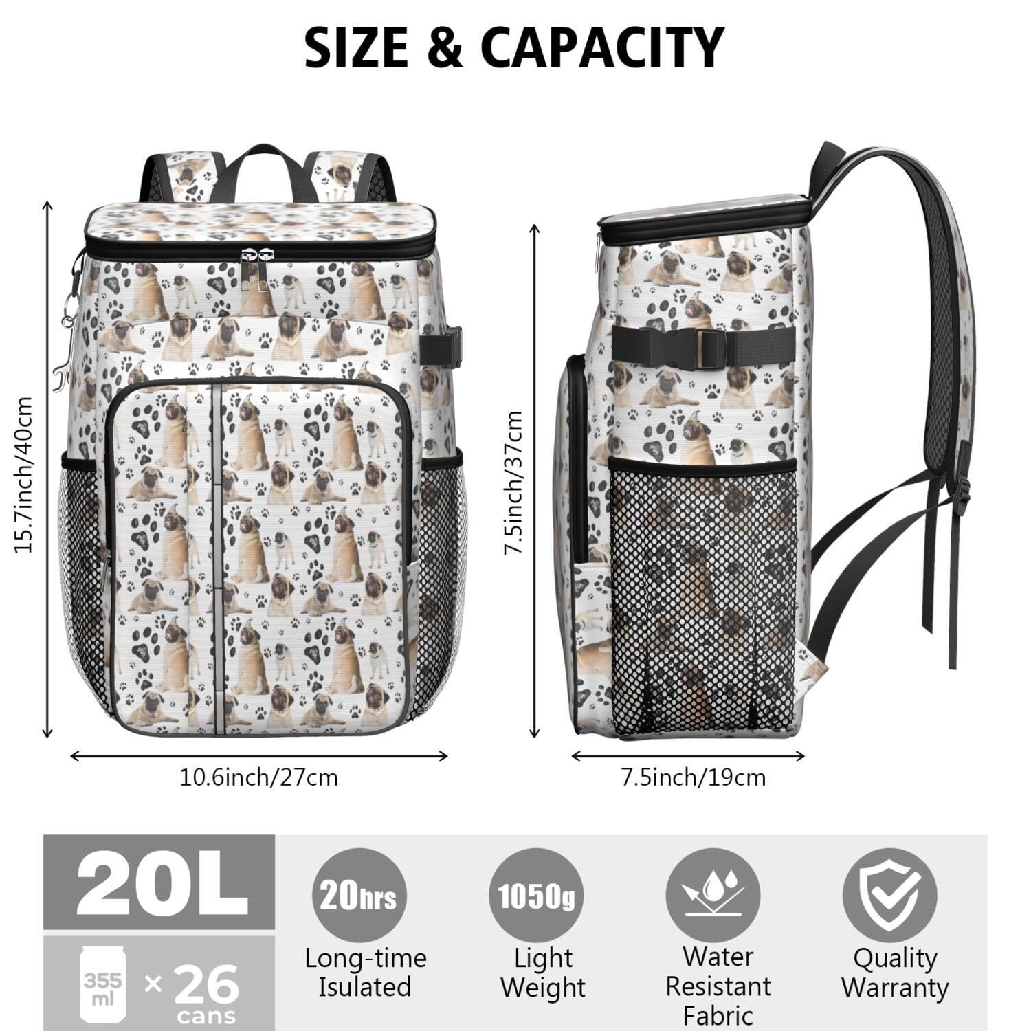 Travel Cooler Bag - Pug and Footprints Camping Beer Cooler Backpack with Bottle Opener- Waterproof Insulated Picnic Backpacks - Cooler Bag for Beach