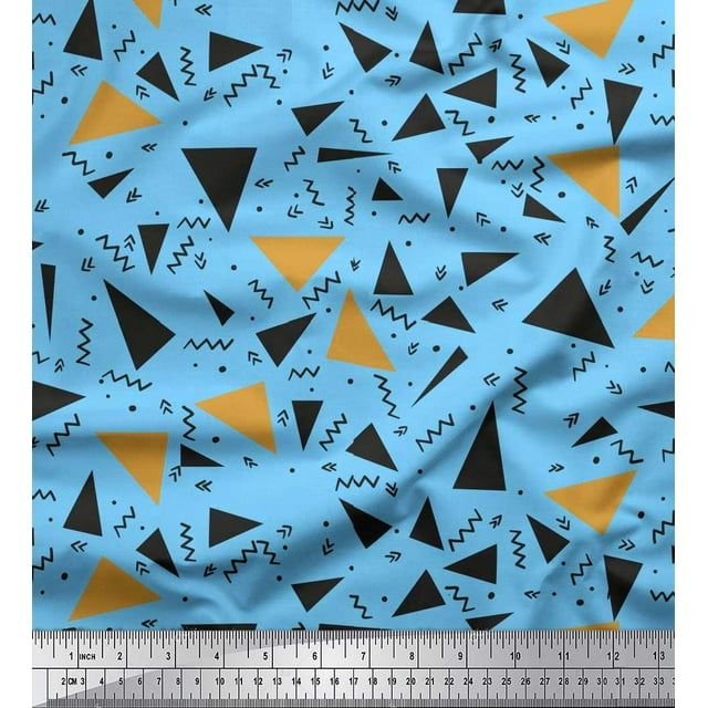 Soimoi Blue Silk Fabric Dot,Zig Zag & Triangle Geometric Print Fabric by the Yard 42 Inch Wide
