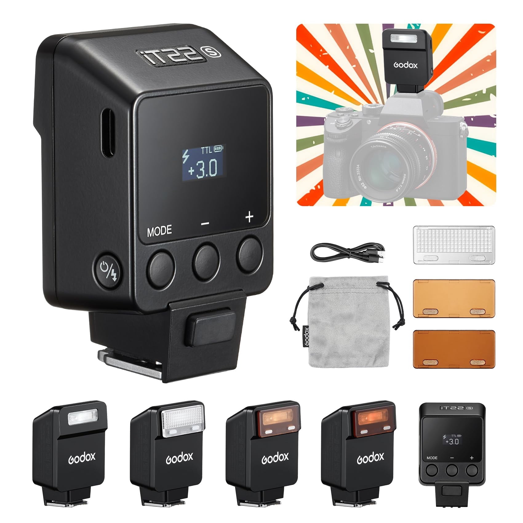 Godox iT22-S Mini TTL Flash, with Intuitive LCD Screen, 1.5s Recycle & 700 Full Power Flashes, USB-C Charging for Alpha Series