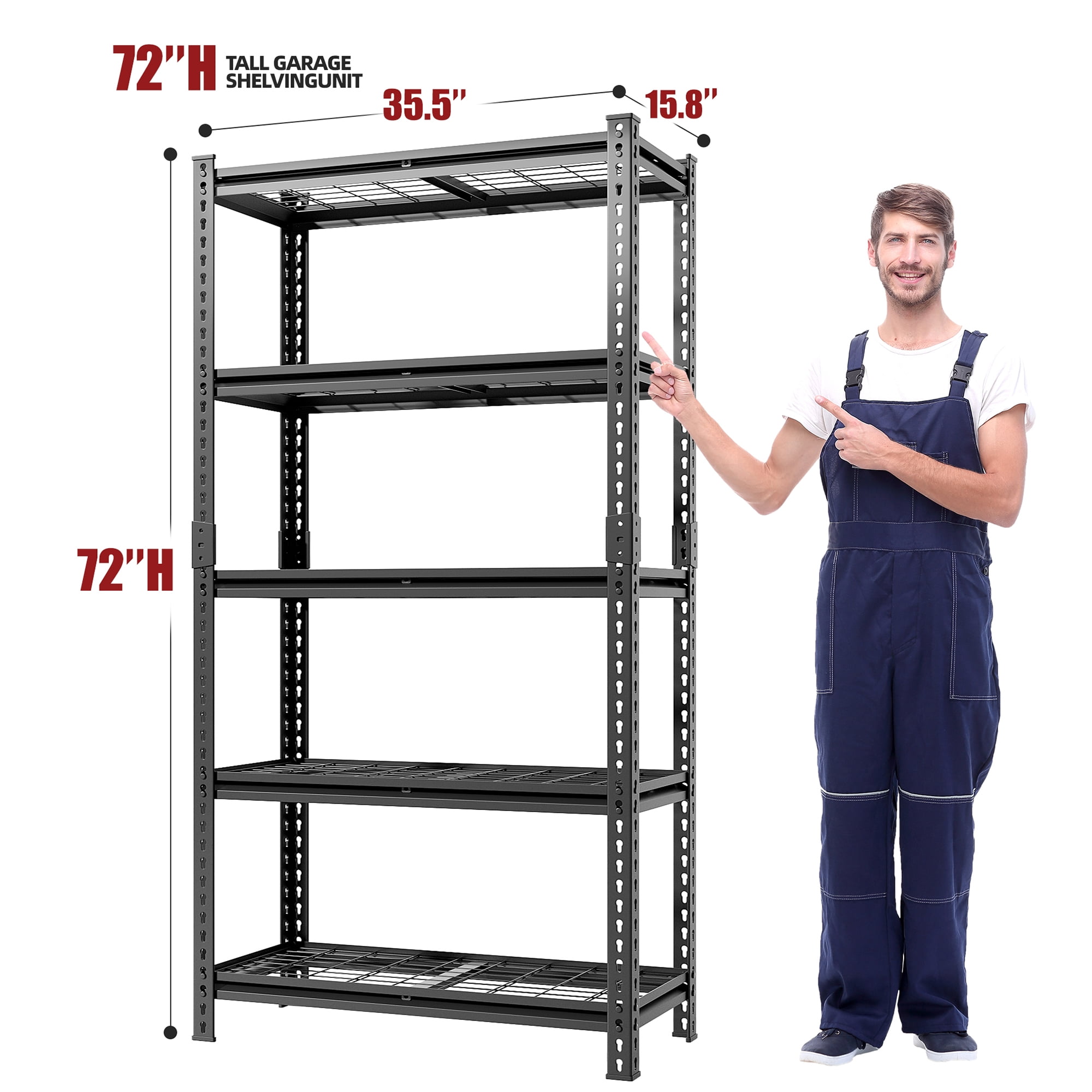 FIXTECH 5-Tier Adjustable Storage Shelf Units for Garage Heavy Duty, 72" H x 35.5" W x 16", Black