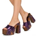 thumbnail image 3 of FSJ Women Platform Clogs Mules Open Toe Wooden Block High Heel Sandals Rivet Studded Chunky Slides Size 8 Purple, 3 of 4