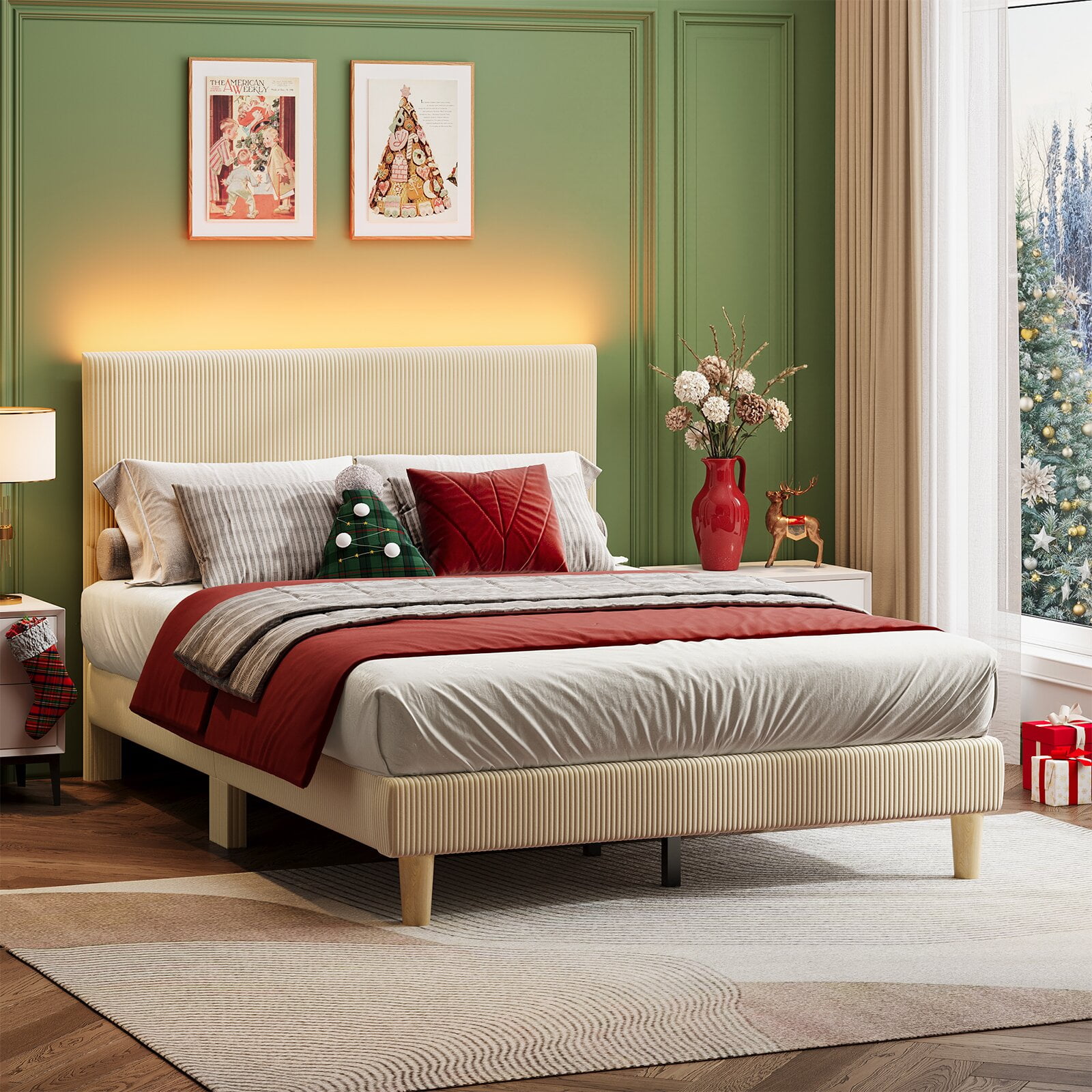 Bestier Full Corduroy Platform Bed with LED Headboard, Beige photo 8