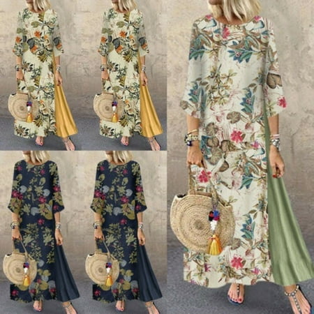 Plus Size Women´s Boho Floral Print Cotton Linen Long Maxi Dress Long Sleeve Casual Loose Kaftan Patchwork Tunic Dress