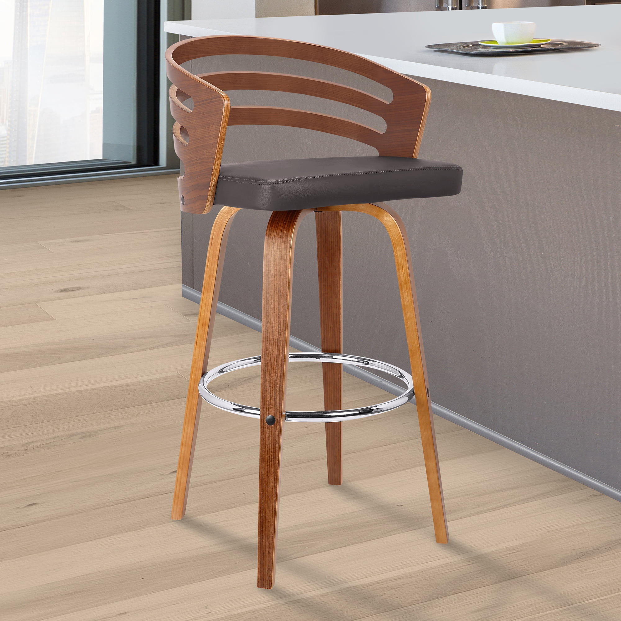 Armen Living LCSHBABRWA26 Shelly 26 Counter Height Barstool in Brown Faux Leather and Walnut Wood Finish