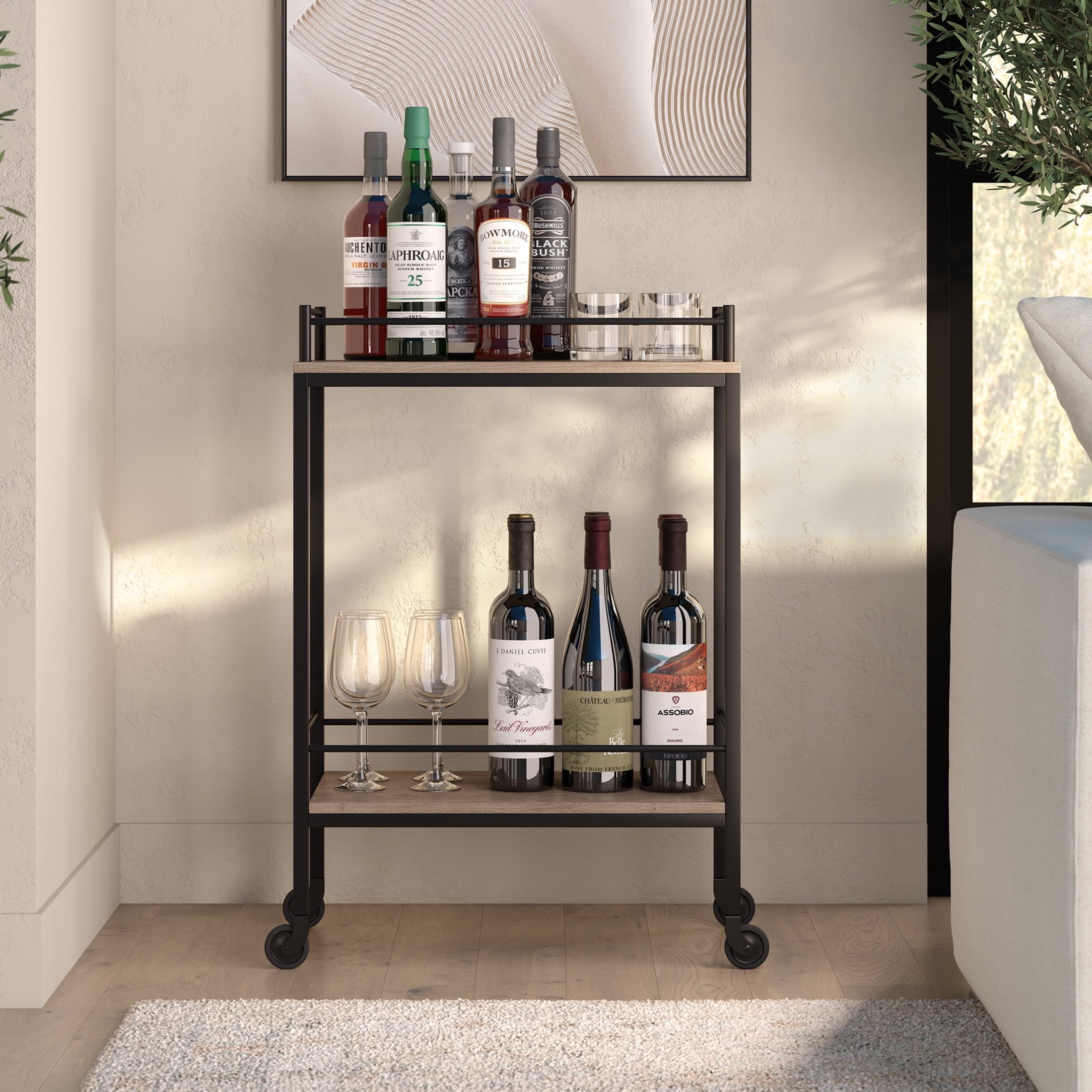 Evelyn&Zoe Barnes 23.5" Wide Rectangular Bar Cart, Antiqued Gray Oak
