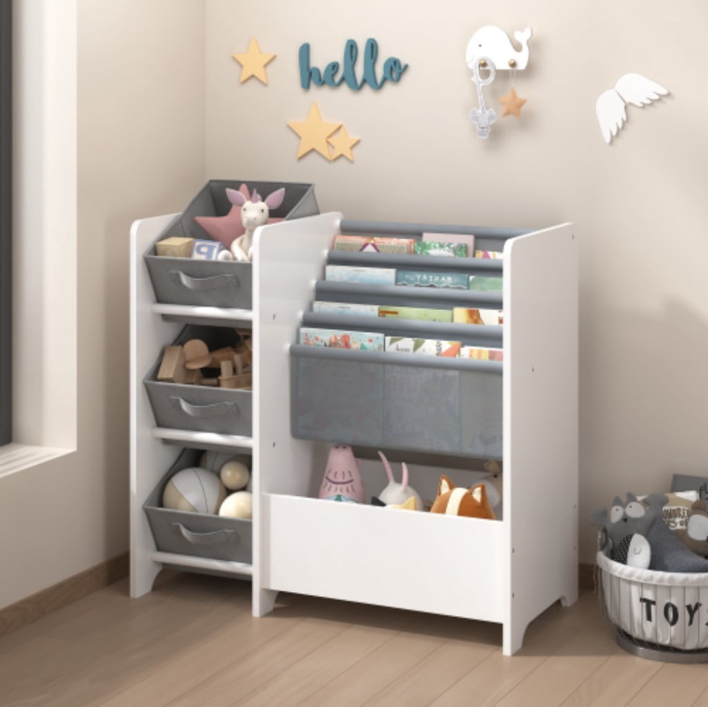 Kids Bookshelf and Toy Storage Organizer, 4-Tier Children's Bookcase with 3 Collapsible Fabric Drawers, Tilted Book Display Shelves for Playroom, Nursery & Bedroom