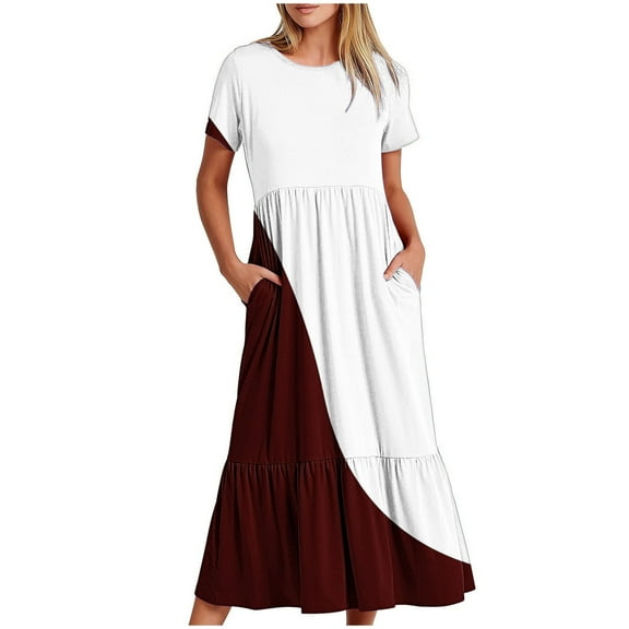 Womens Summer Dresses Sevevn Women's Fashion Print Round Neck Short Sleeve Printed Dress Maxi Dresses