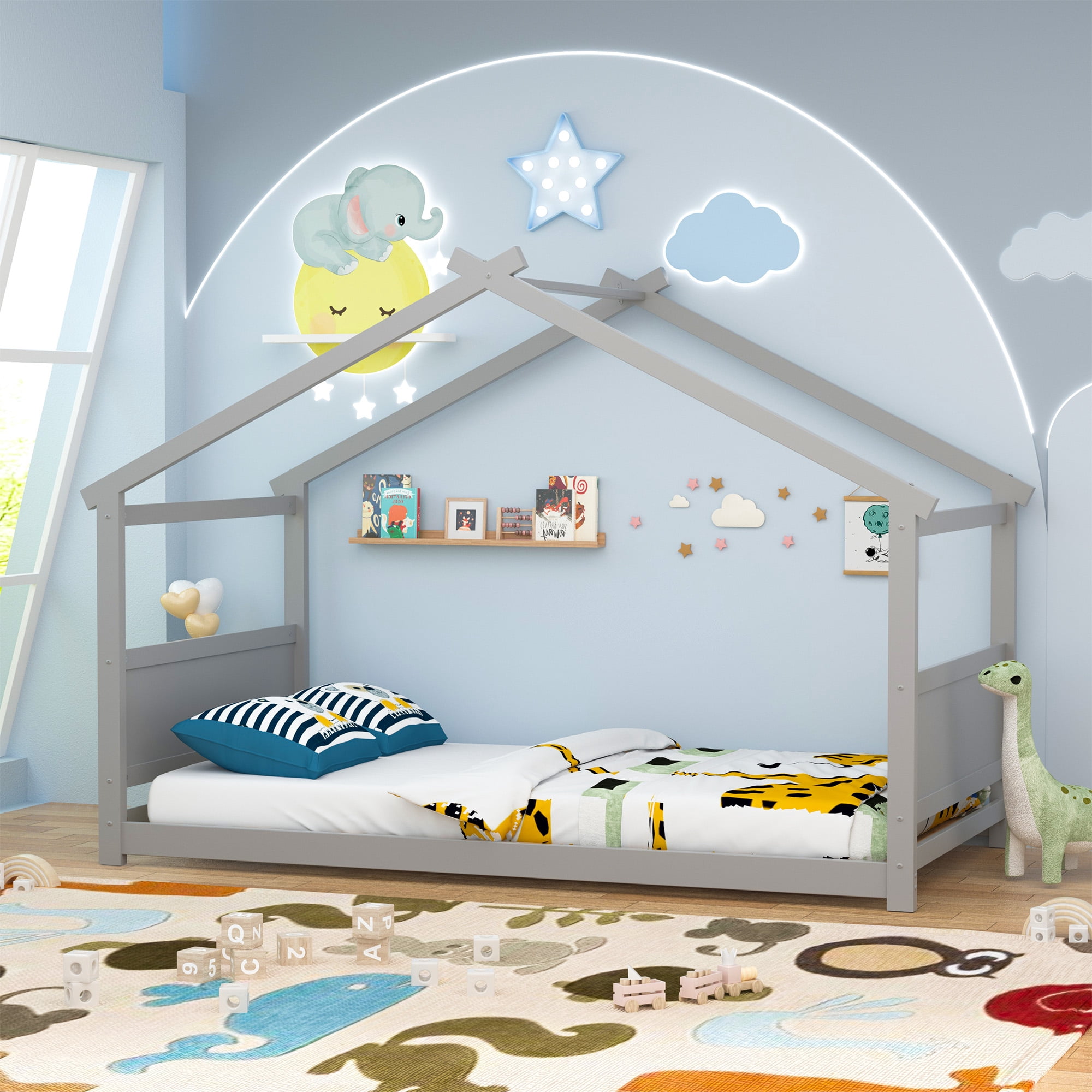 Joywind Twin Solid Wood House Floor Bed Frame with Safety Guardrails, Kids Bed for Boys Girls